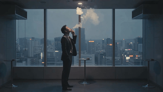 Office worker smoking in a smoking room with a city view