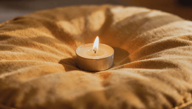 Candle burning on soft cushion
