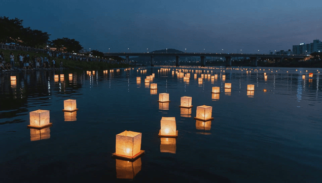 Numerous square lanterns floating on the night river