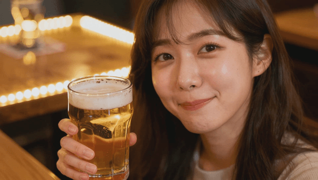 Woman enjoying beer in a bright pub