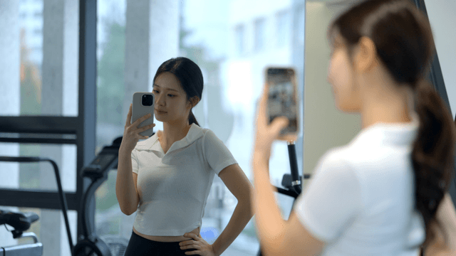 Young woman taking a mirror selfie at gym