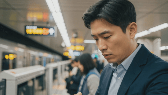 Office worker man checking time on subway platform