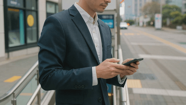 Office worker crossing a road near a subway station while using a smartphone