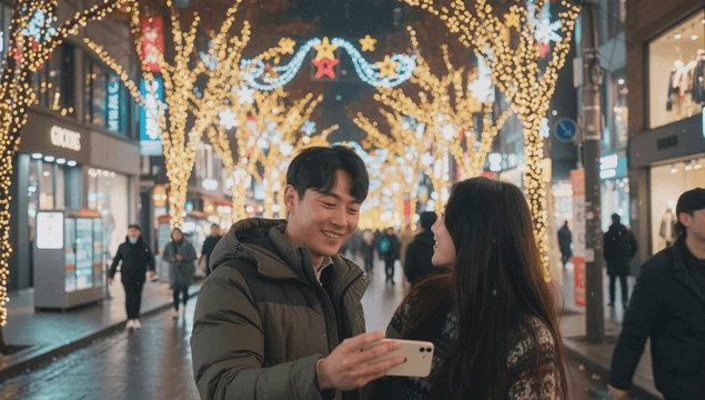크리스마스 상점 거리에서 셀카를 찍는 커플