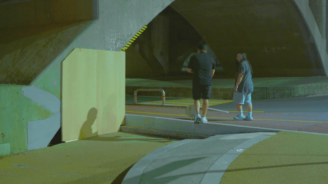 People walking a dog under a bridge