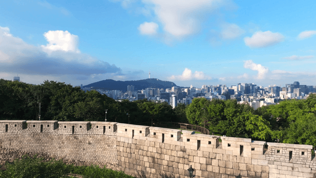 City skyline with ancient stone wall