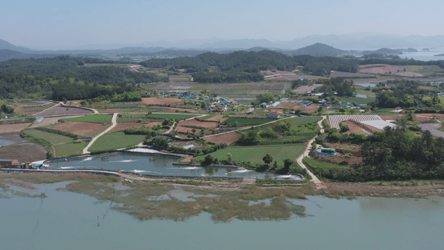 Scenic rural landscape with fields and water