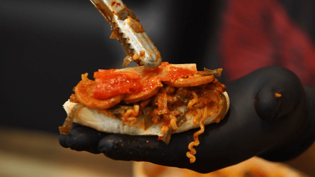 Budaejjigae sandwich with sausage and kimchi