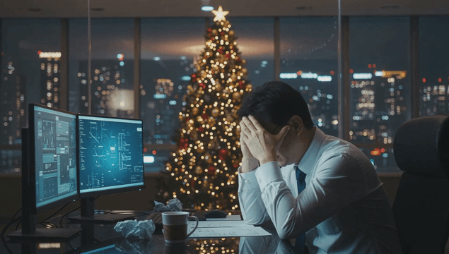 Man working late in an office during Christmas