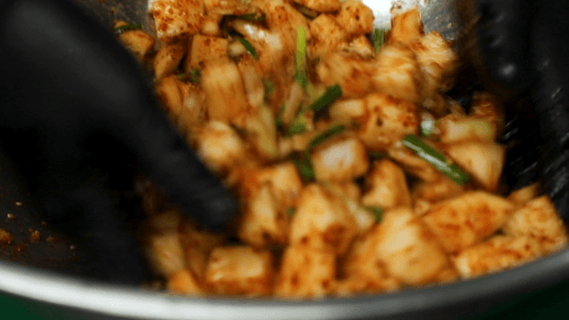 Diced radish kimchi mixed with seasoning