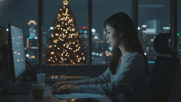 Woman working late in an office at Christmas night