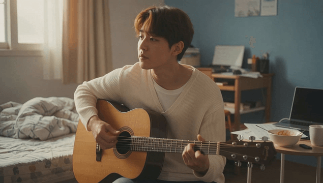 Young man playing guitar in cozy room