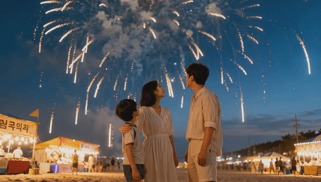 Fireworks blooming over a night market with happy families