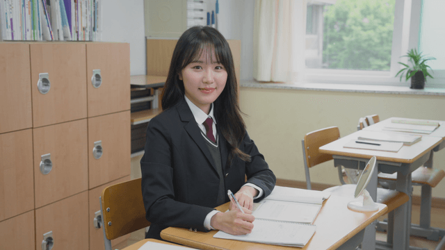 교실에 앉아 웃는 여학생