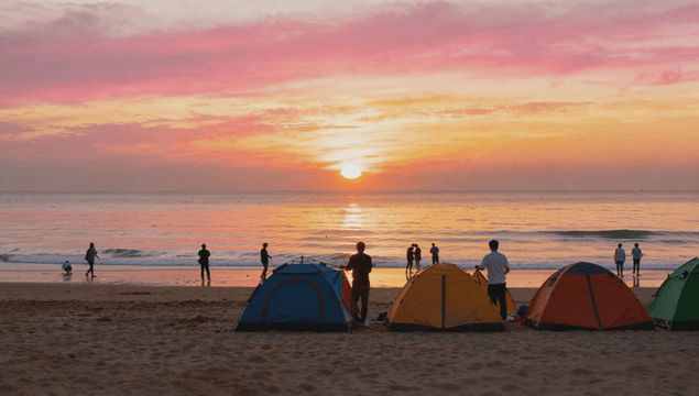 Sunrise camping on a tranquil beach