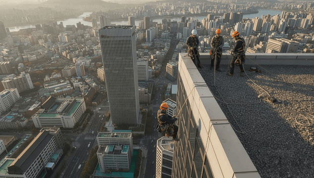 Workers performing rope access on urban high-rise building