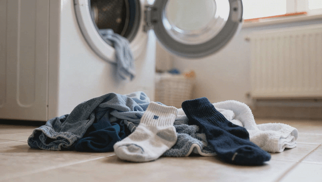 Laundry placed on floor near washing machine