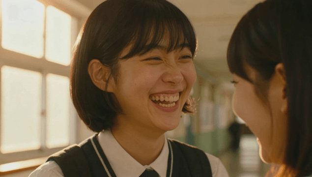 Two schoolgirls smiling at each other in the school hallway