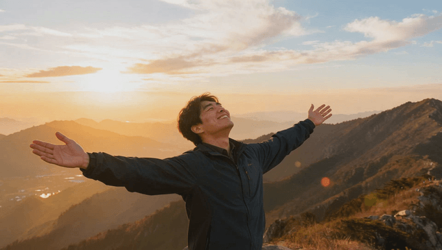 Man enjoying sunrise at a summit