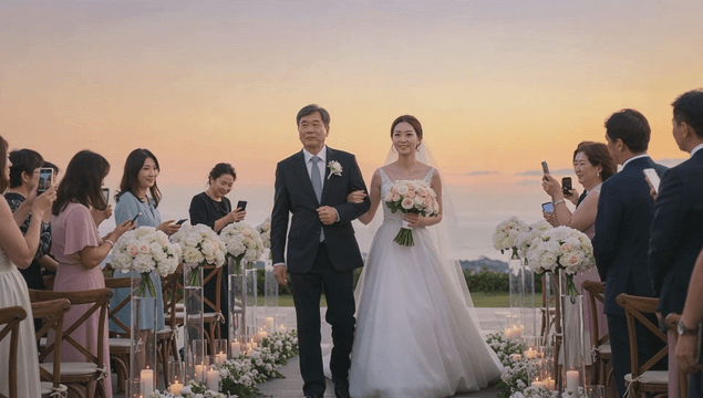A bride walking down the aisle at sunset