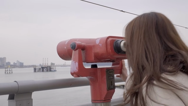 A woman observing the skyline through a telescope