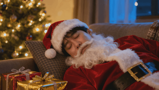 선물이 있는 소파에서 잠든 산타옷 입은 아빠