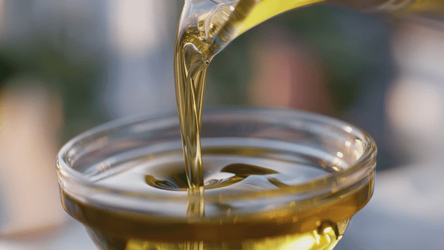 Golden olive oil poured into glass bowl