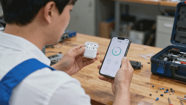 Technician testing wireless earphones