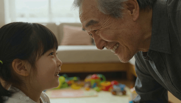 Grandfather and granddaughter smiling at each other