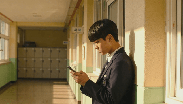 Student in school hallway using phone