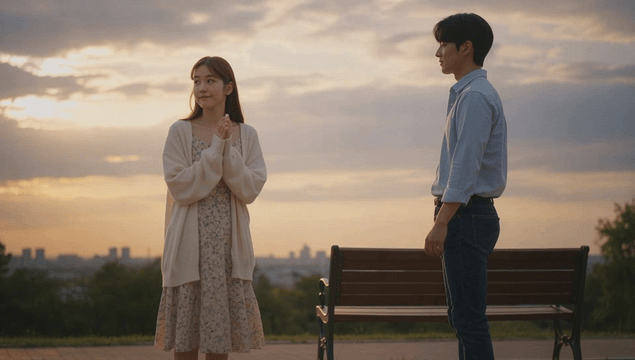 Couple standing by bench at sunset