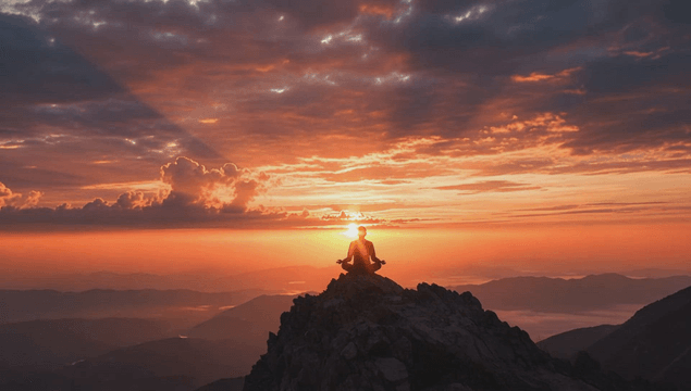Sunset landscape with person meditating on mountain peak