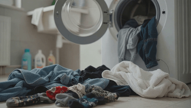 Laundry scattered in front of drum washer in bathroom