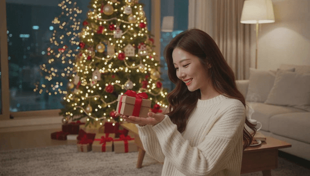 크리스마스 거실에서 선물을 들고 웃는 젊은 여성