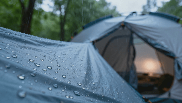 Rain falling over forest tent
