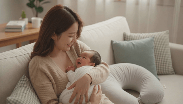 Mother lovingly holding her baby on the living room sofa