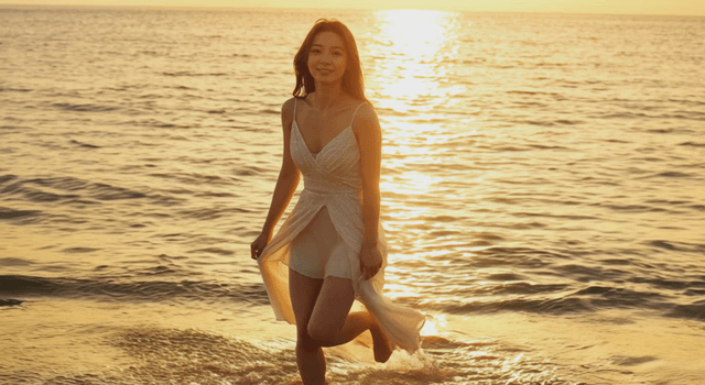 Woman walking on a beach at sunset