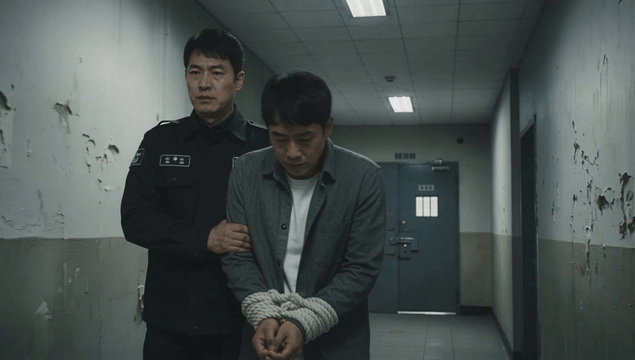 구치소 복도에서 수갑을 찬 남성을 호송하는 간수