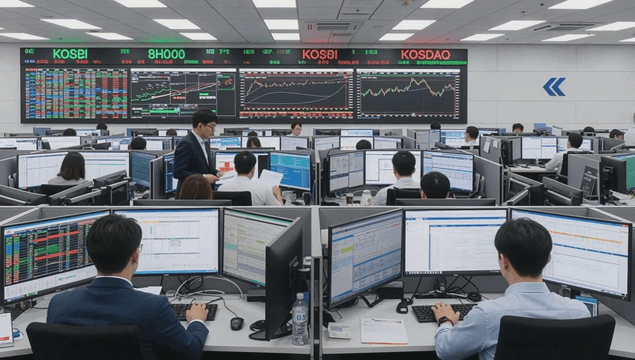 Busy stock trading floor with multiple monitors