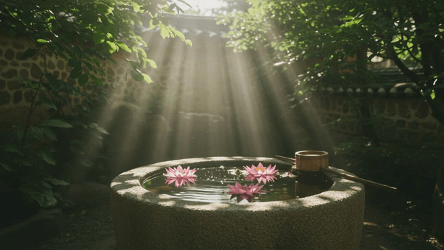 Well with blooming lotus flowers under sunlight