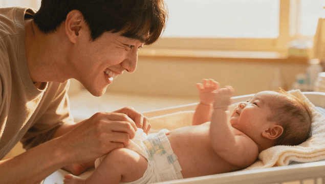 Father looking at his newborn wearing only a diaper
