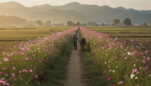 A farmer walking with a cow on a flower path