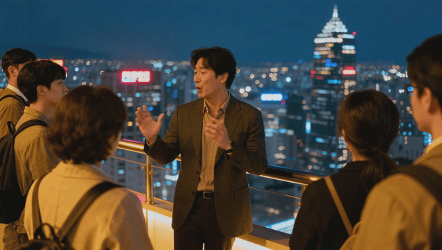 Guide explaining a city night view