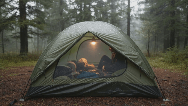 Man inside a tent in a rainy forest