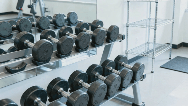 Dumbbells neatly arranged in a gym