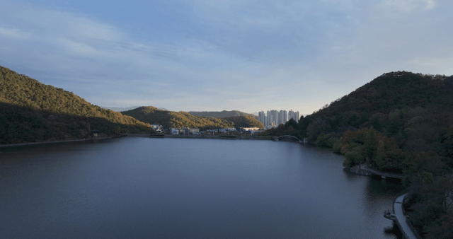 Distant city skyline beyond calm lake