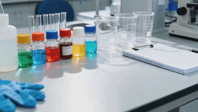Laboratory table with colorful chemicals