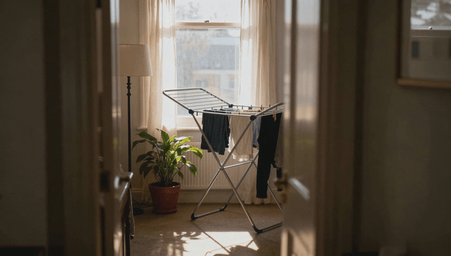 햇빛이 드는 방에서 건조대 위 옷이 말라가는 모습