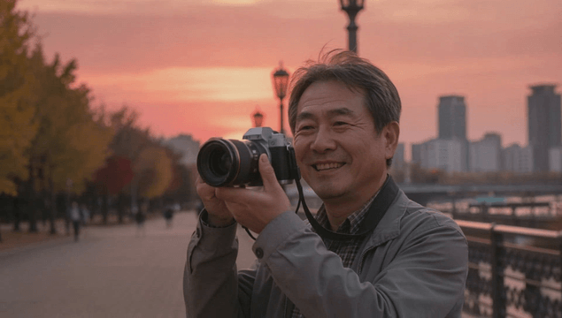 Middle-aged man taking photos in park at sunset