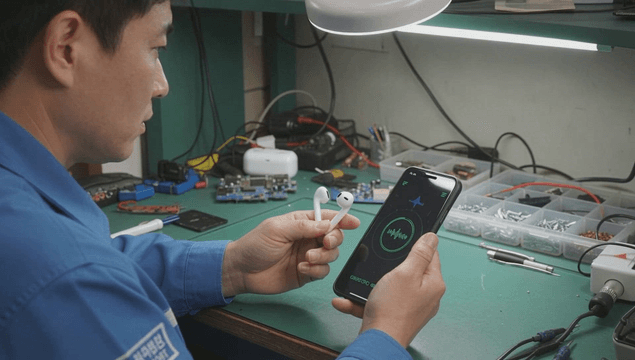 Technician testing wireless earphones